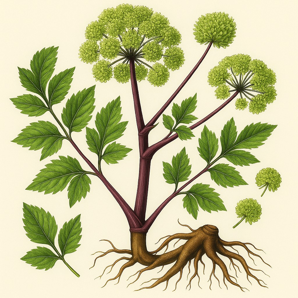 Grote engelwortel botanische illustratie