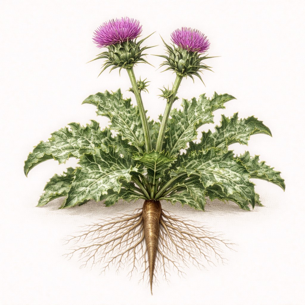 Mariadistel botanische illustratie