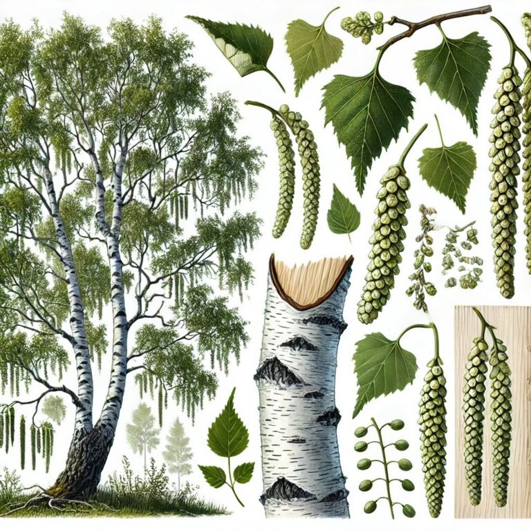 Ruwe berk en Zachte berk botanische illustratie