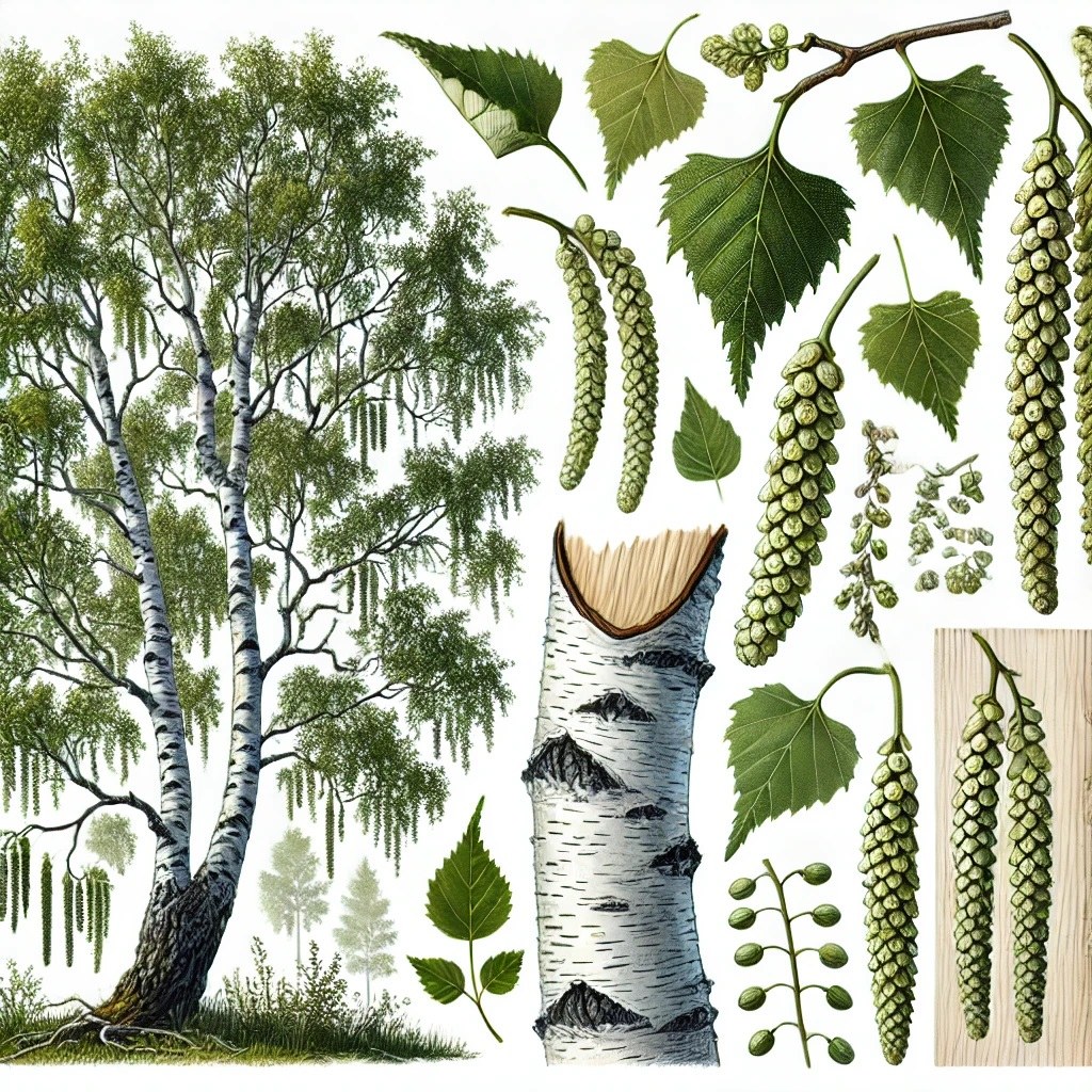 Ruwe berk en Zachte berk botanische illustratie