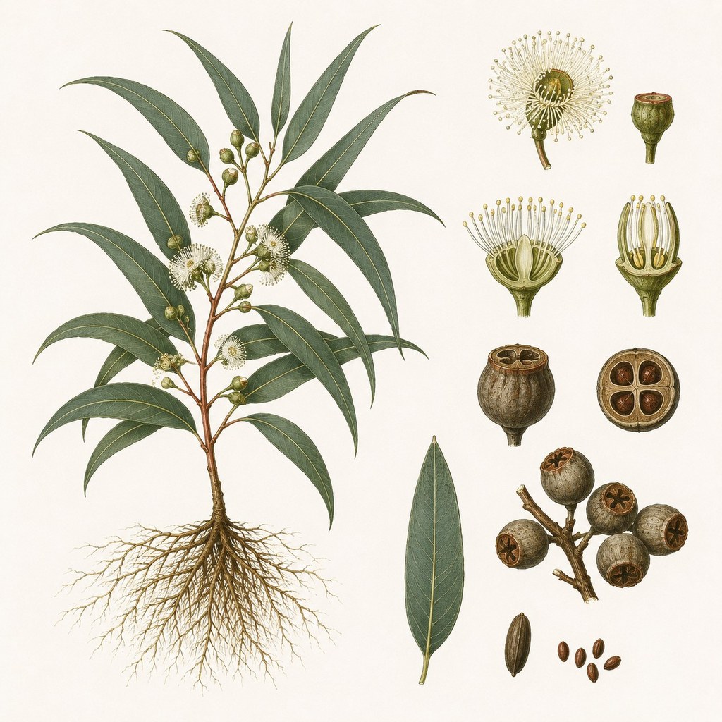 Blauwe gomboom botanische illustratie