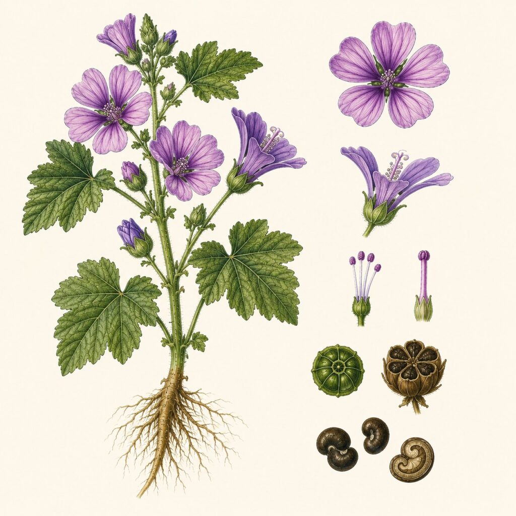 Groot kaasjeskruid botanische illustratie