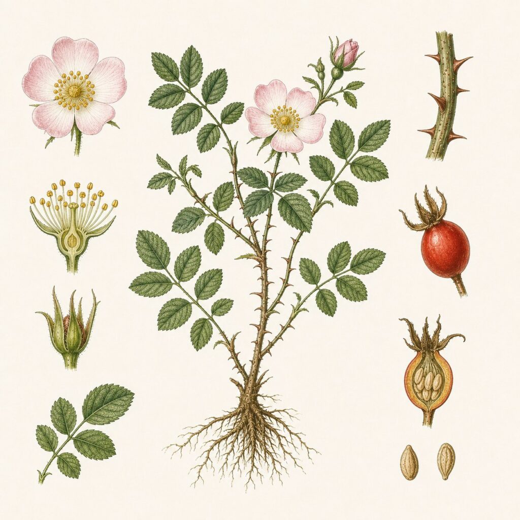 Hondsroos, rozenbottel botanische illustratie