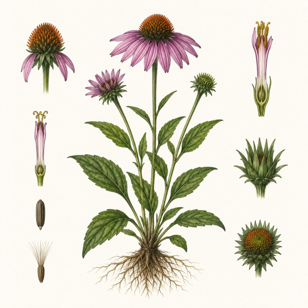 Rode zonnehoed botanische illustratie