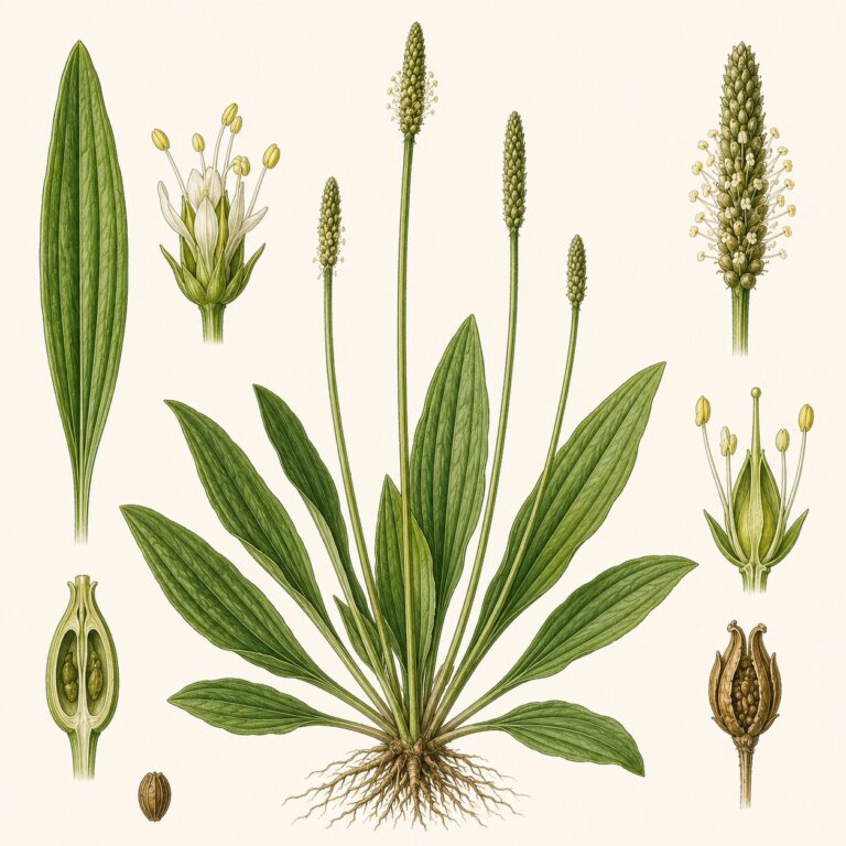 Smalle weegbree botanische illustratie