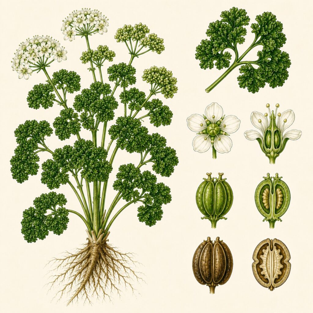 Tuinpeterselie botanische illustratie